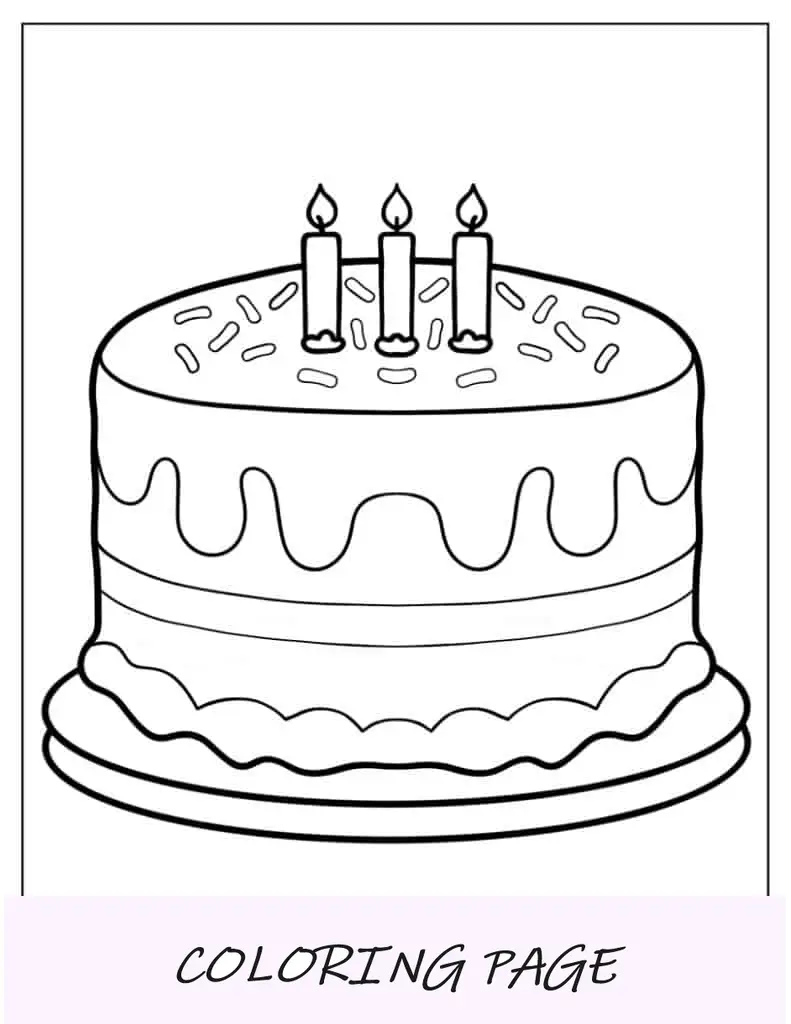 Página para colorir de bolo de terceiro aniversário para crianças em idade pré-escolar