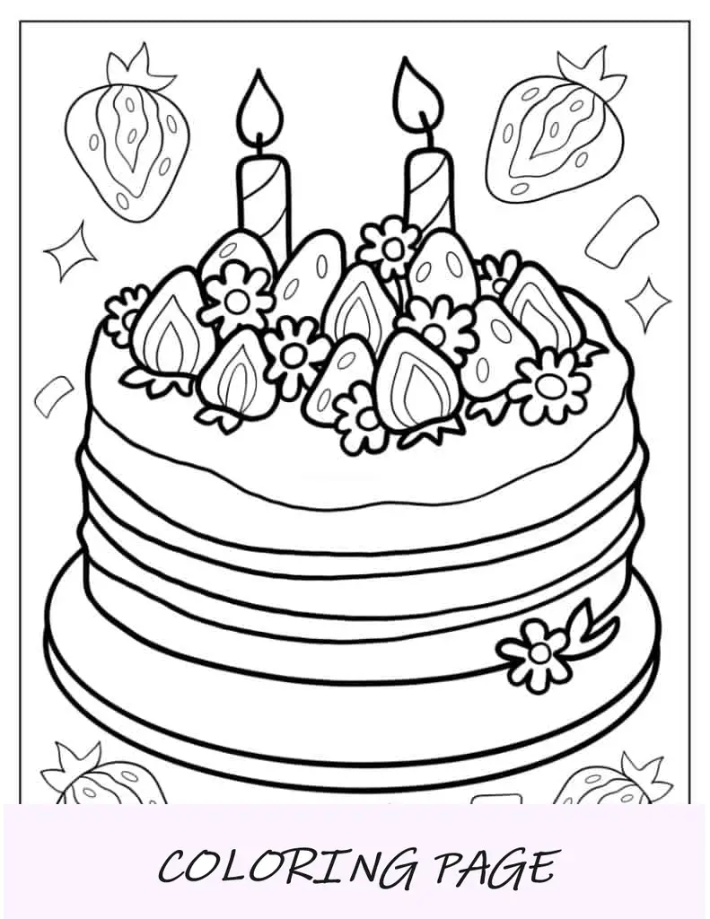 Folha para colorir de bolo nu com cobertura de morango