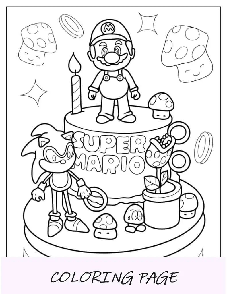 Bolo de aniversário de Mario e Sonic para colorir para crianças