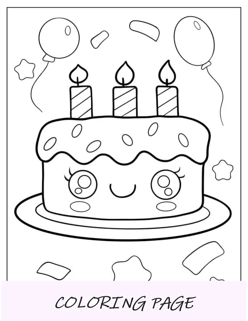 Folha Para Colorir Bolo De Aniversário Fofo De Desenho Animado Com Velas No Topo