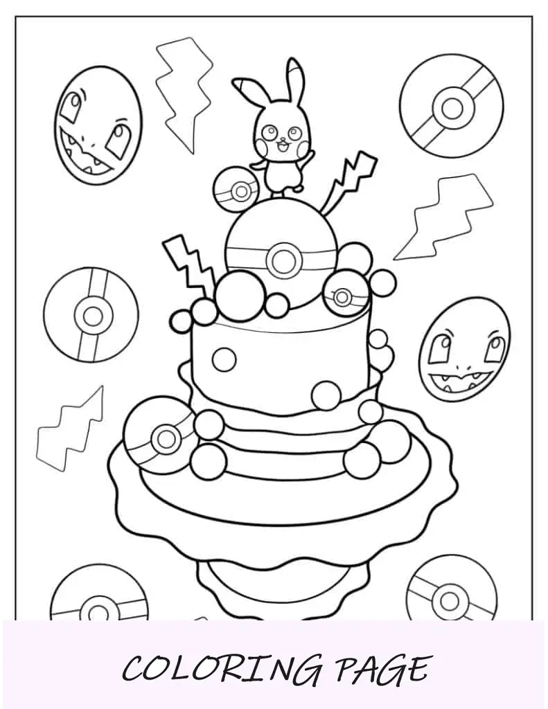 Página para colorir de bolo de aniversário de Pokémon Kawaii