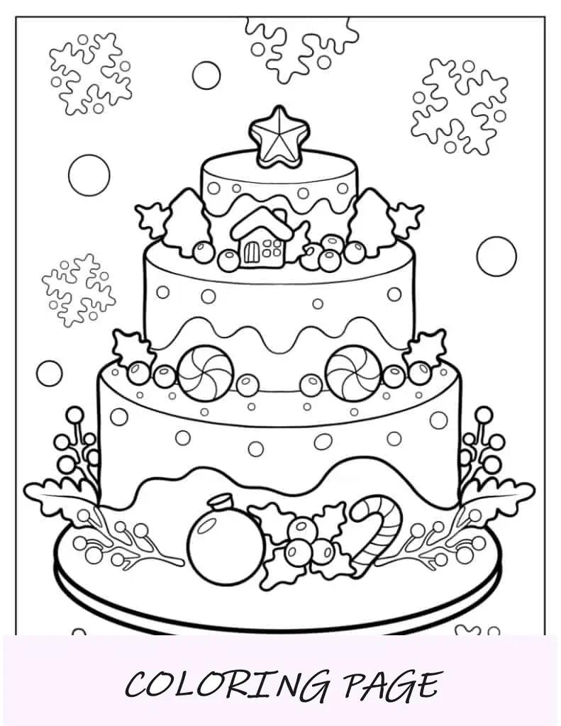 Página detalhada para colorir de bolo em camadas de Natal