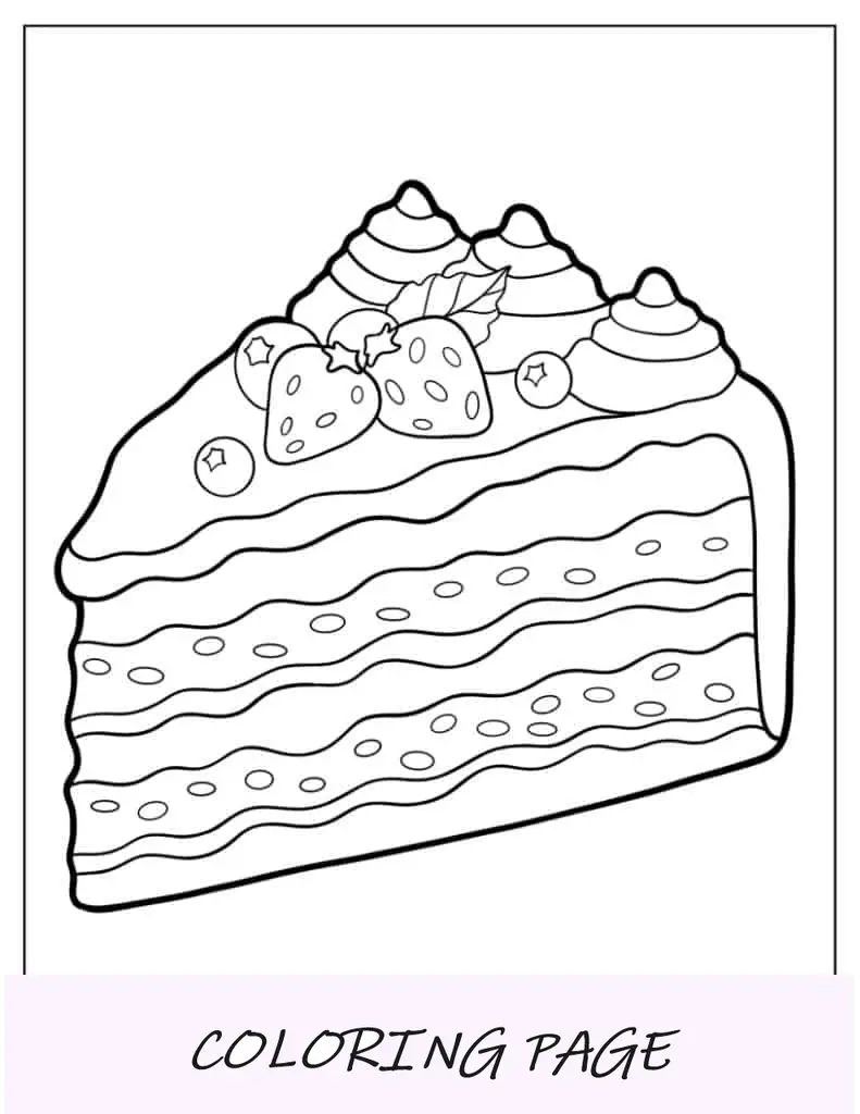 Folha para colorir de fatia de torta de morango