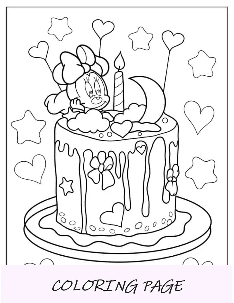 Folha para colorir de bolo de aniversário da Minnie Mouse