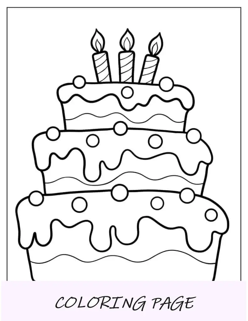 Folha para colorir de lindo bolo de aniversário em camadas