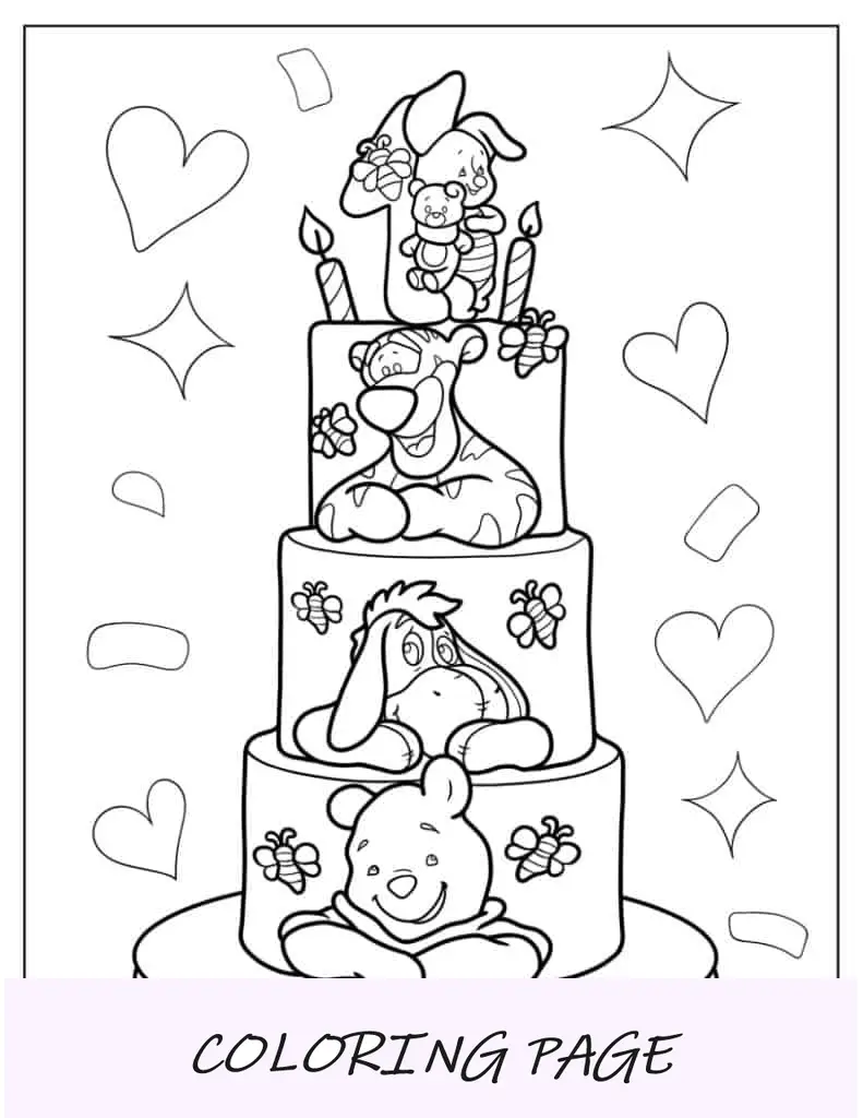 Página para colorir de bolo em camadas do Ursinho Pooh