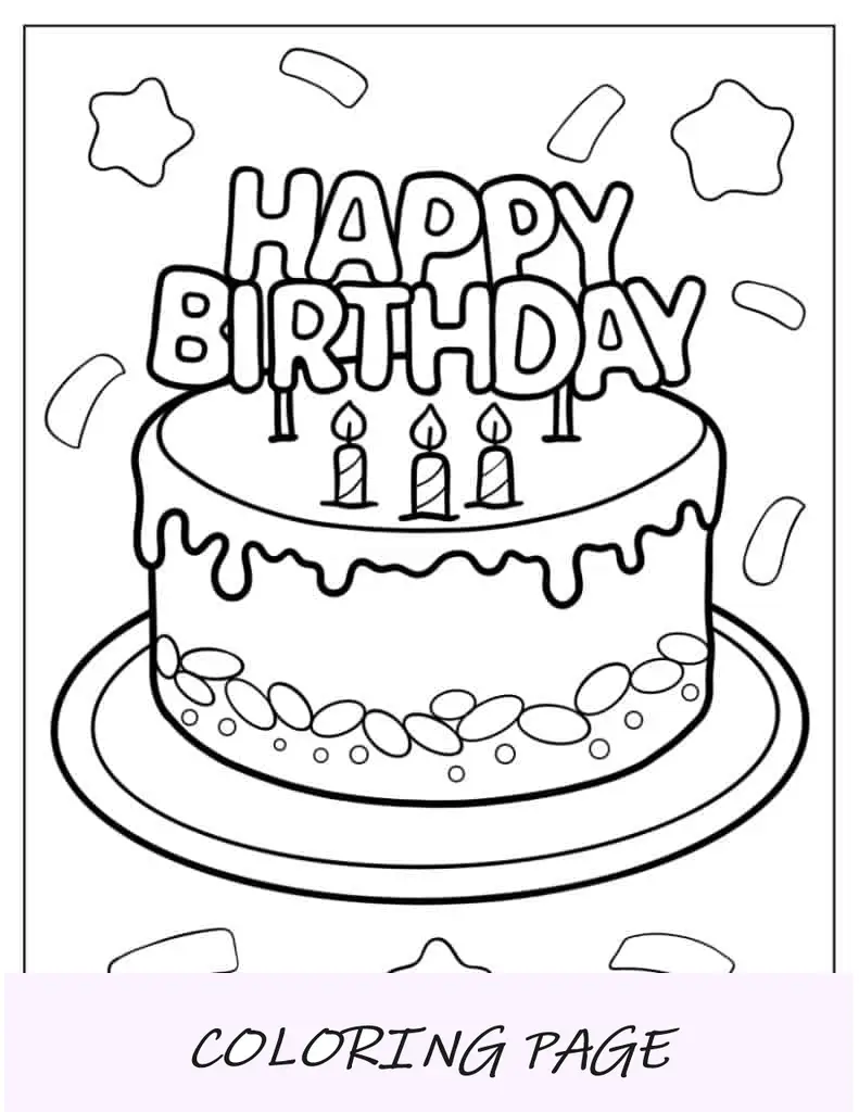 Folha para colorir de bolo com topper de feliz aniversário