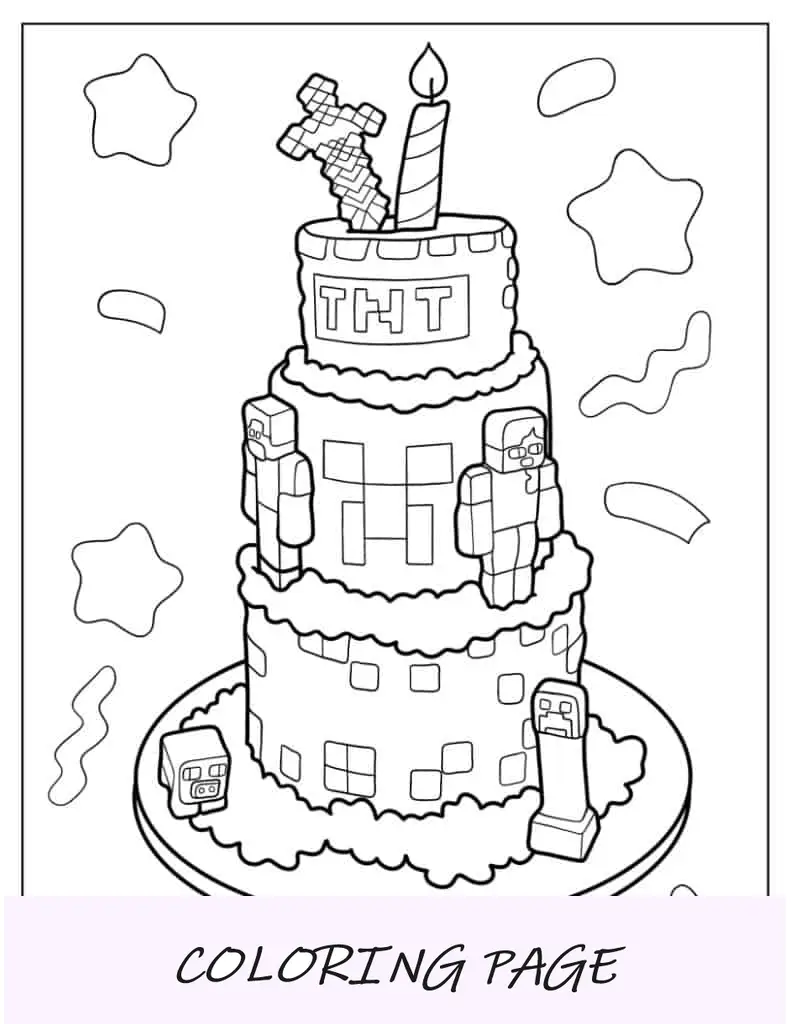 Folha para colorir fácil de bolo Minecraft