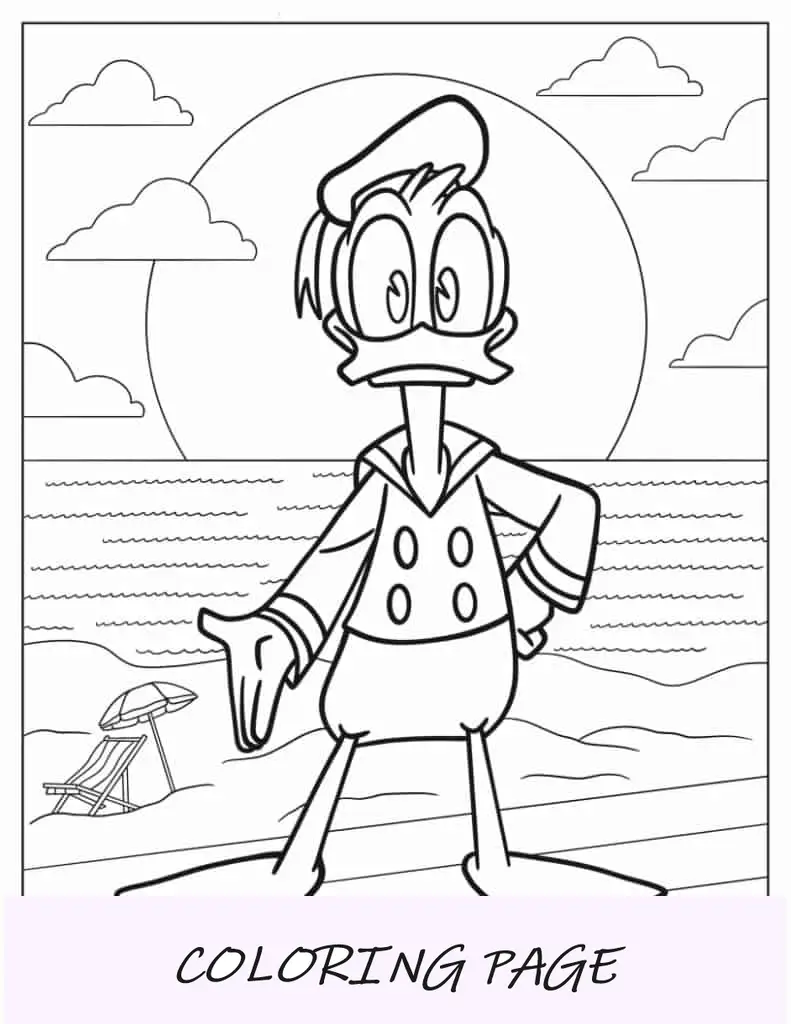 Paperino in spiaggia da colorare per bambini