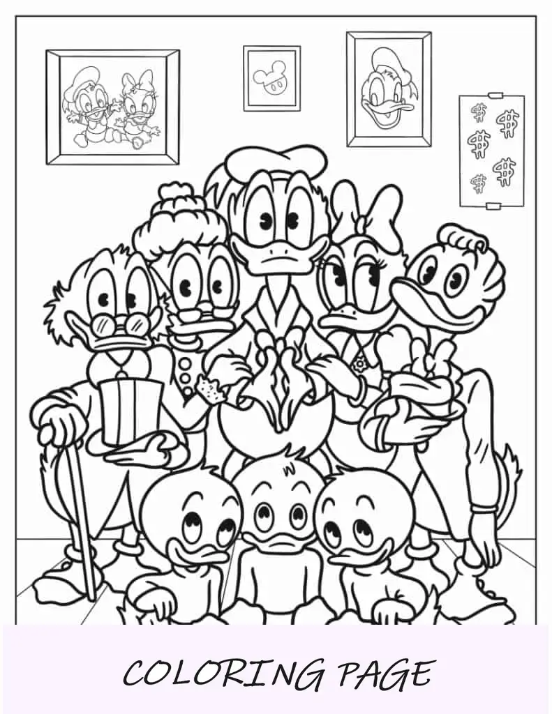 Pagina da colorare di Paperino con la famiglia