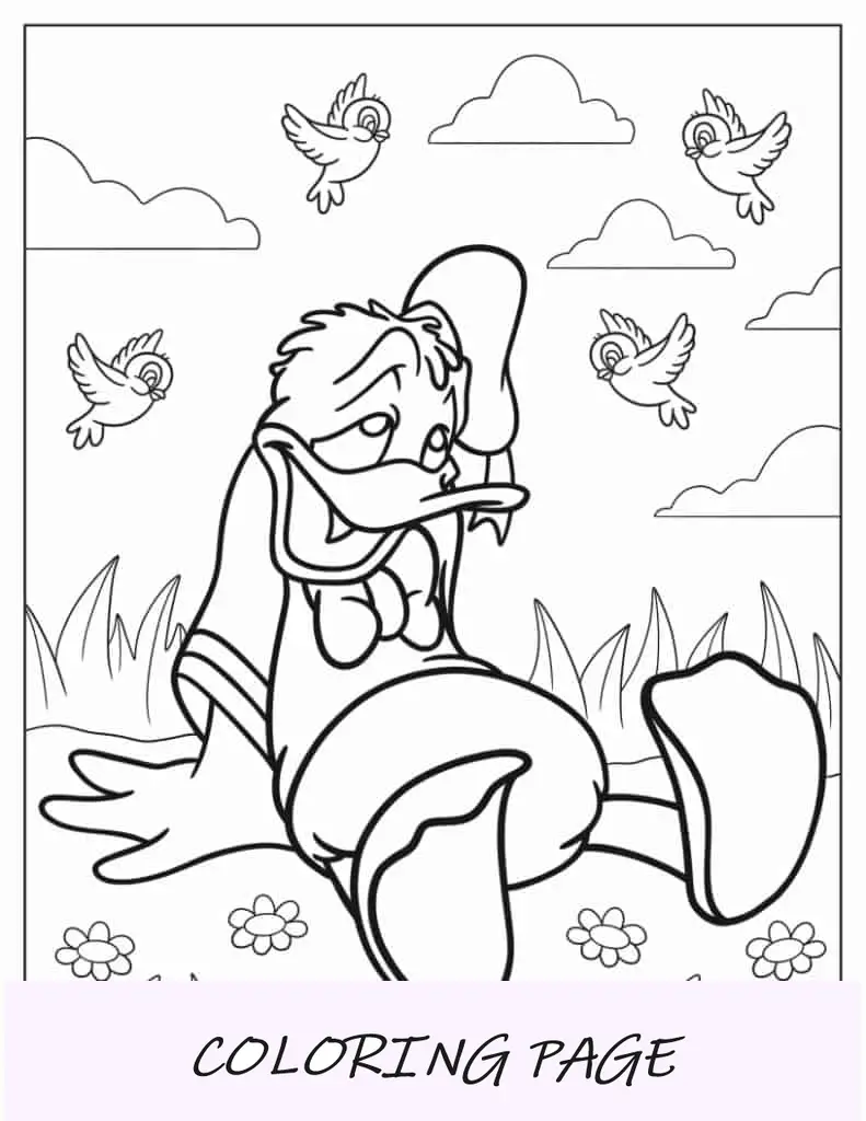 Pagina da colorare di Paperino con gli uccelli