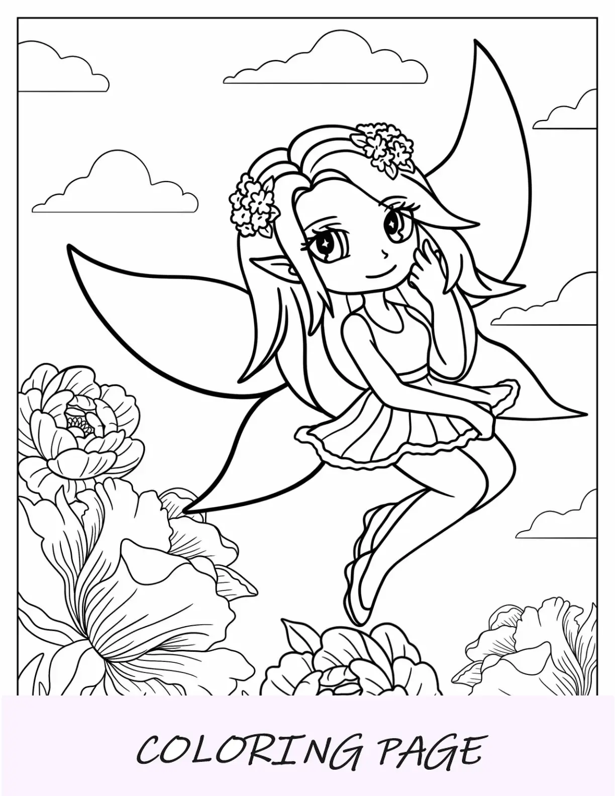 Página para colorear de hadas flotando sobre las flores