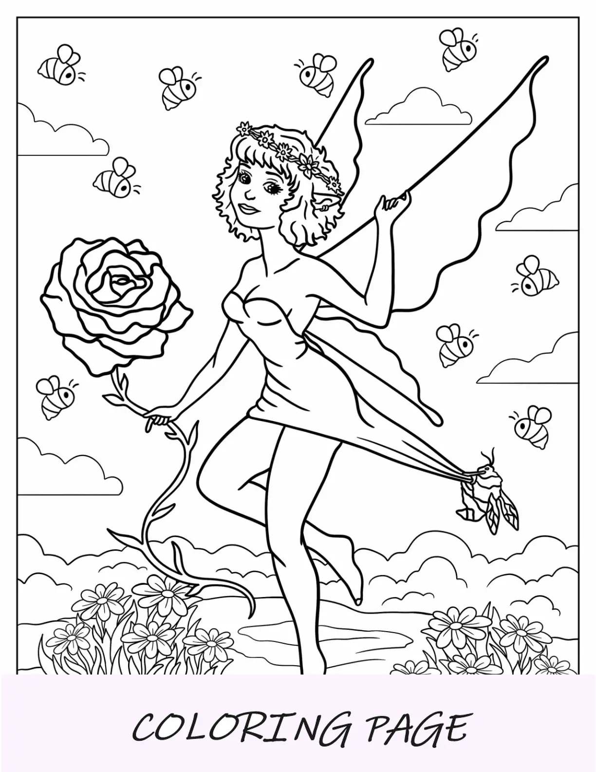 Dibujo para colorear de hadas robando rosas a las abejas