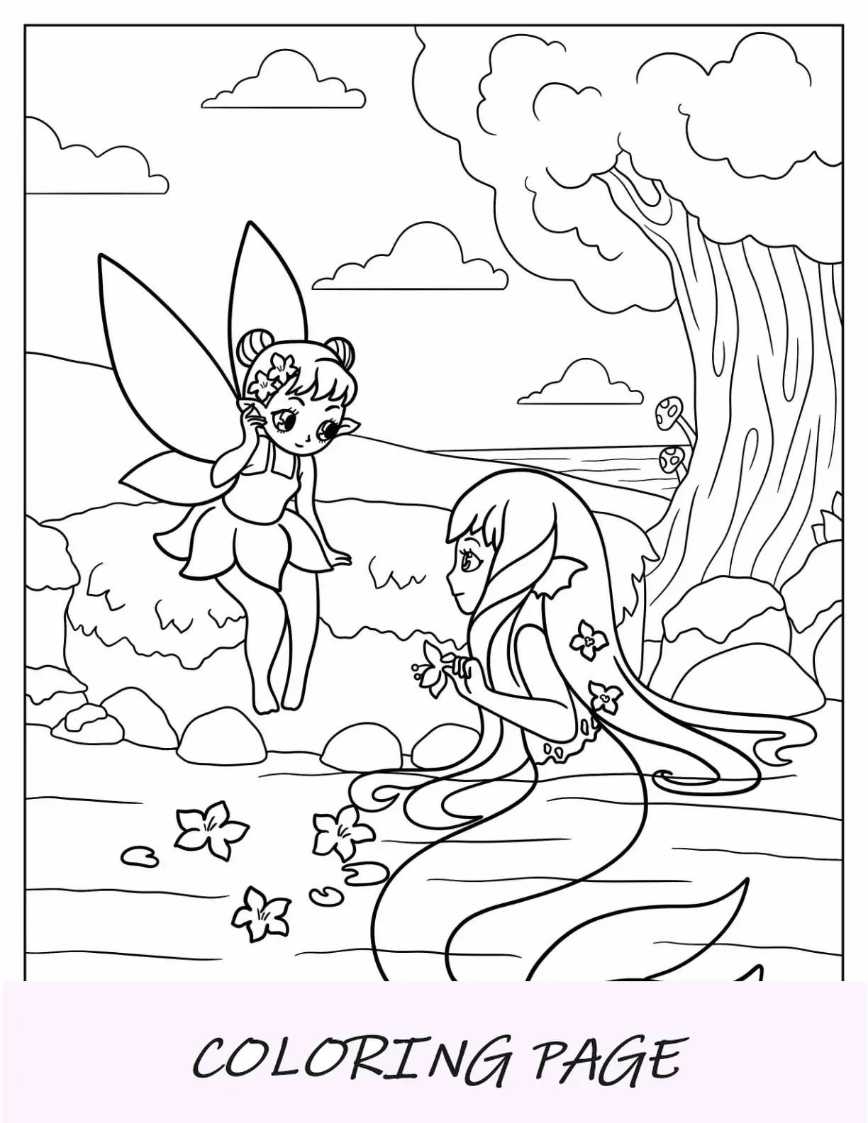 Página para colorear de hadas de sirena hablando en el bosque encantado