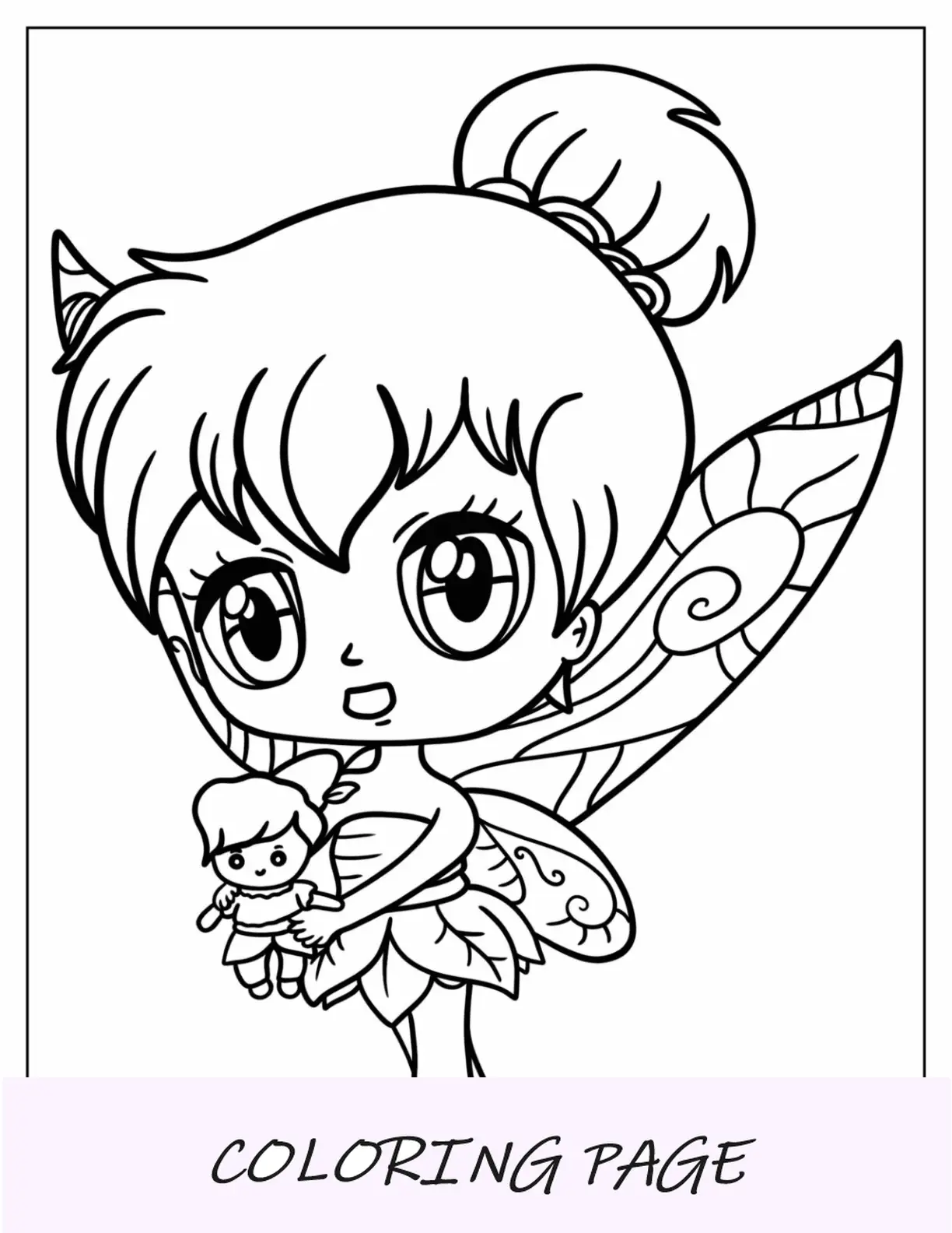 Página para colorear de hadas de Chibi Tinker Bell sosteniendo el muñeco Peter Pan