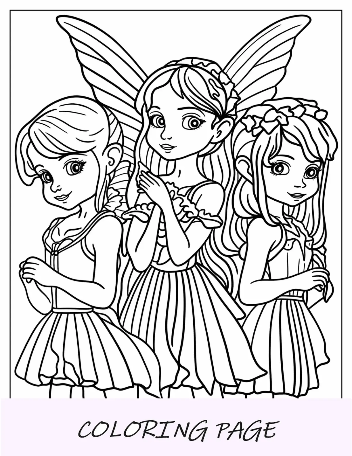 Página para colorear de tres jóvenes hadas