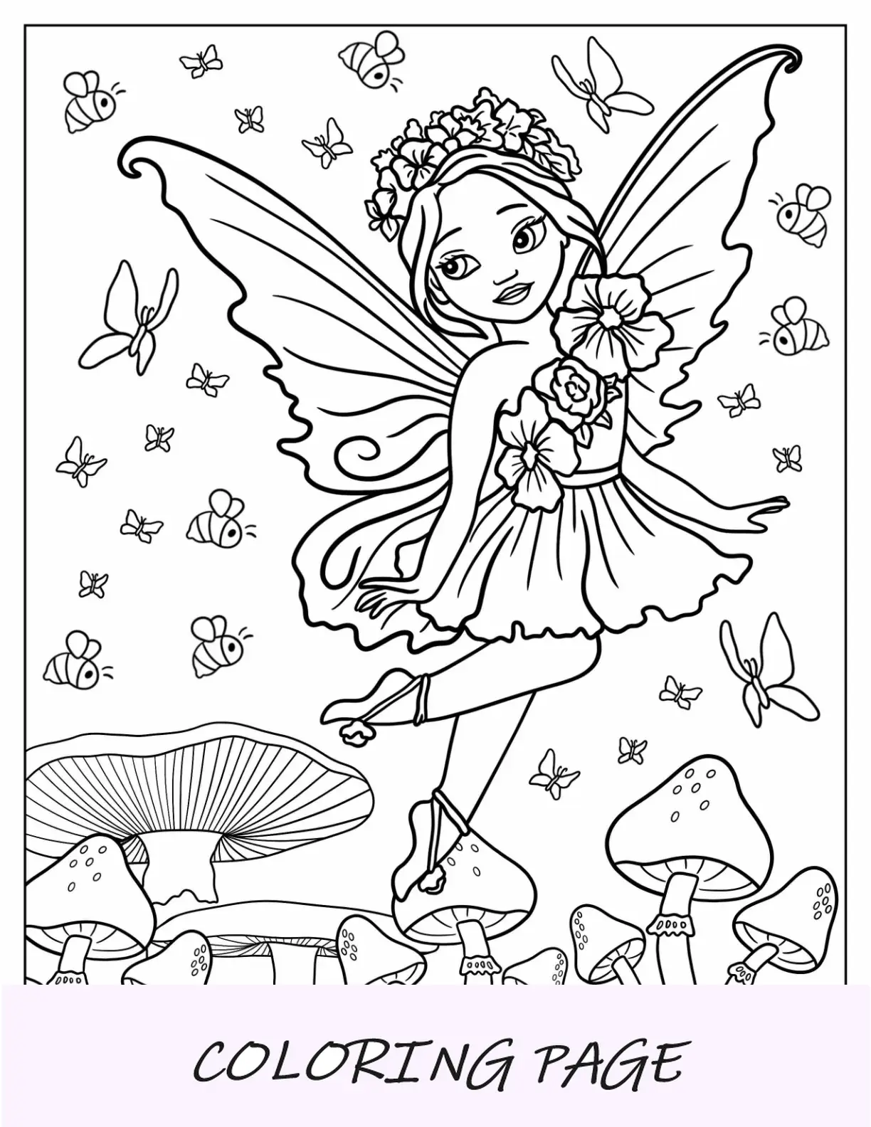 Página para colorear de hadas volando con abejas y mariposas