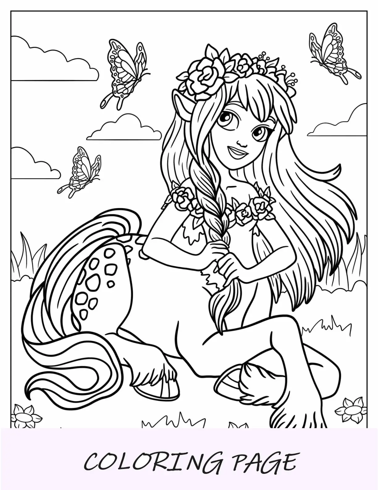 Página para colorear de hadas de Centaurette Girl trenzando el cabello