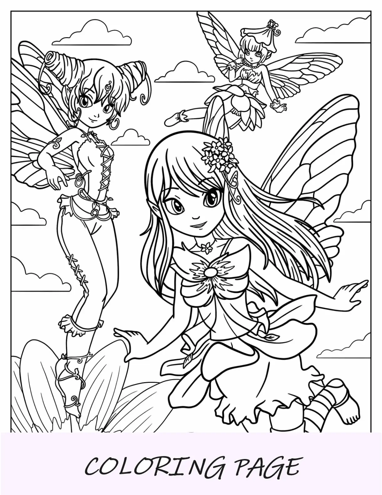 Página para colorear de hadas anime en el cielo