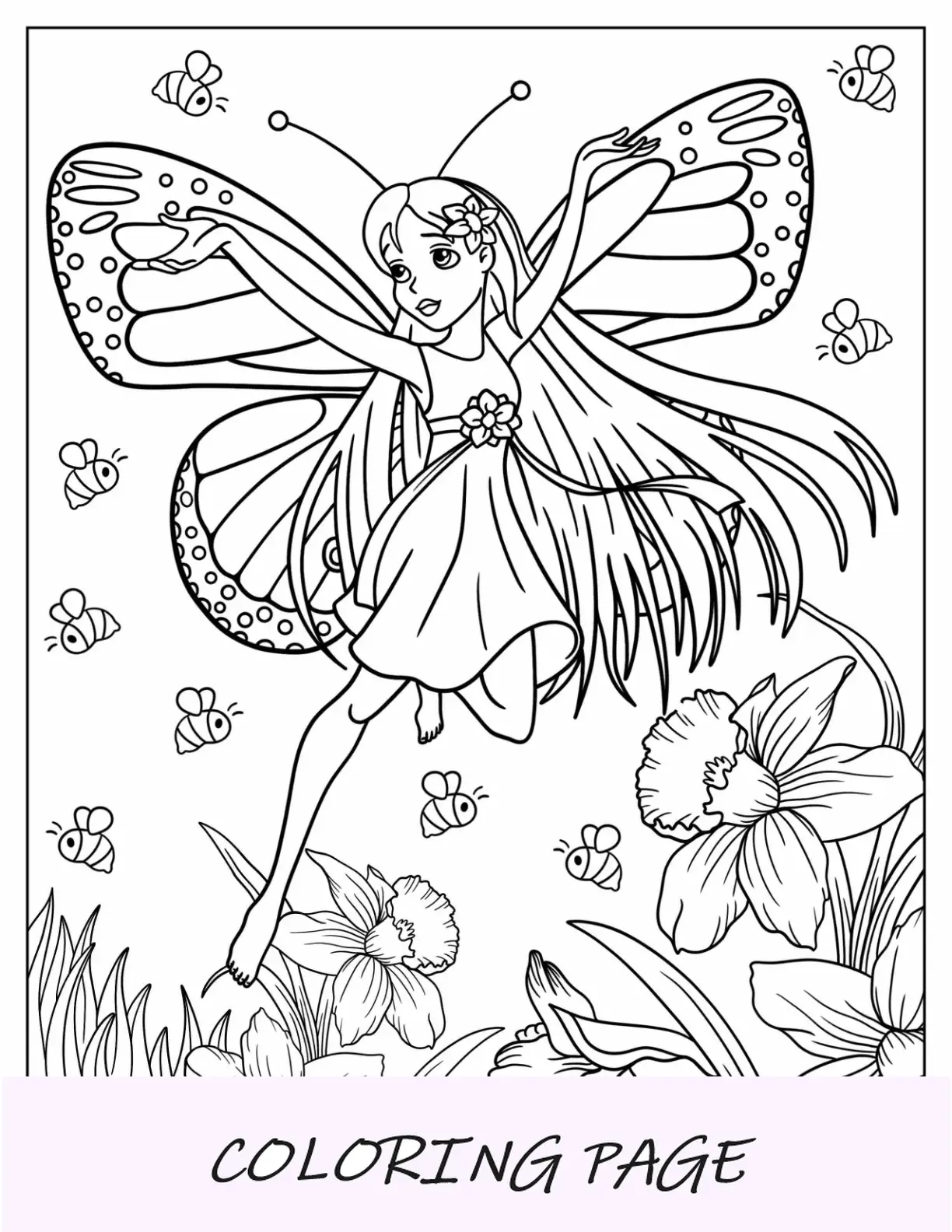 Página para colorear de hadas con alas de mariposa