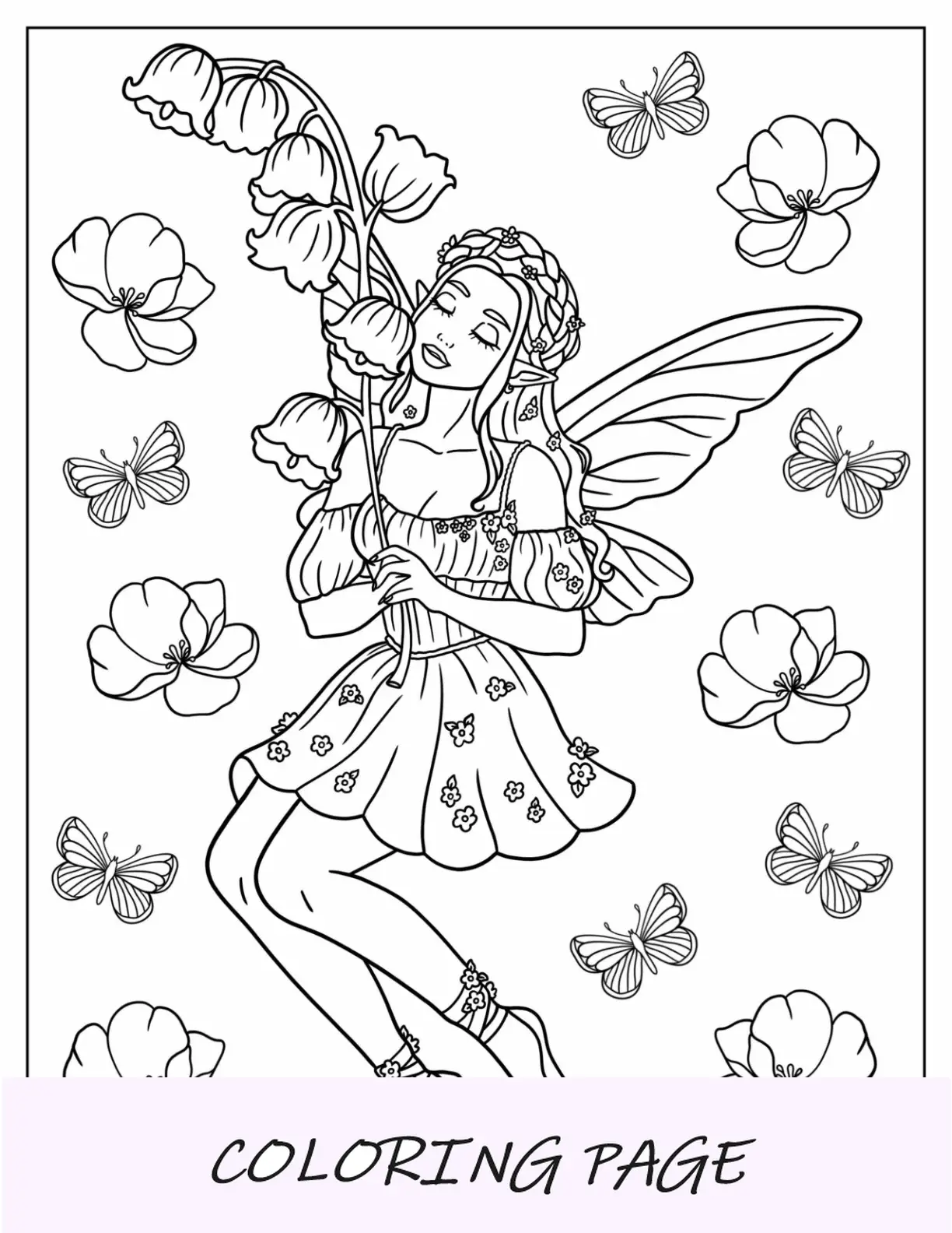 Página para colorear de hadas que huele flores