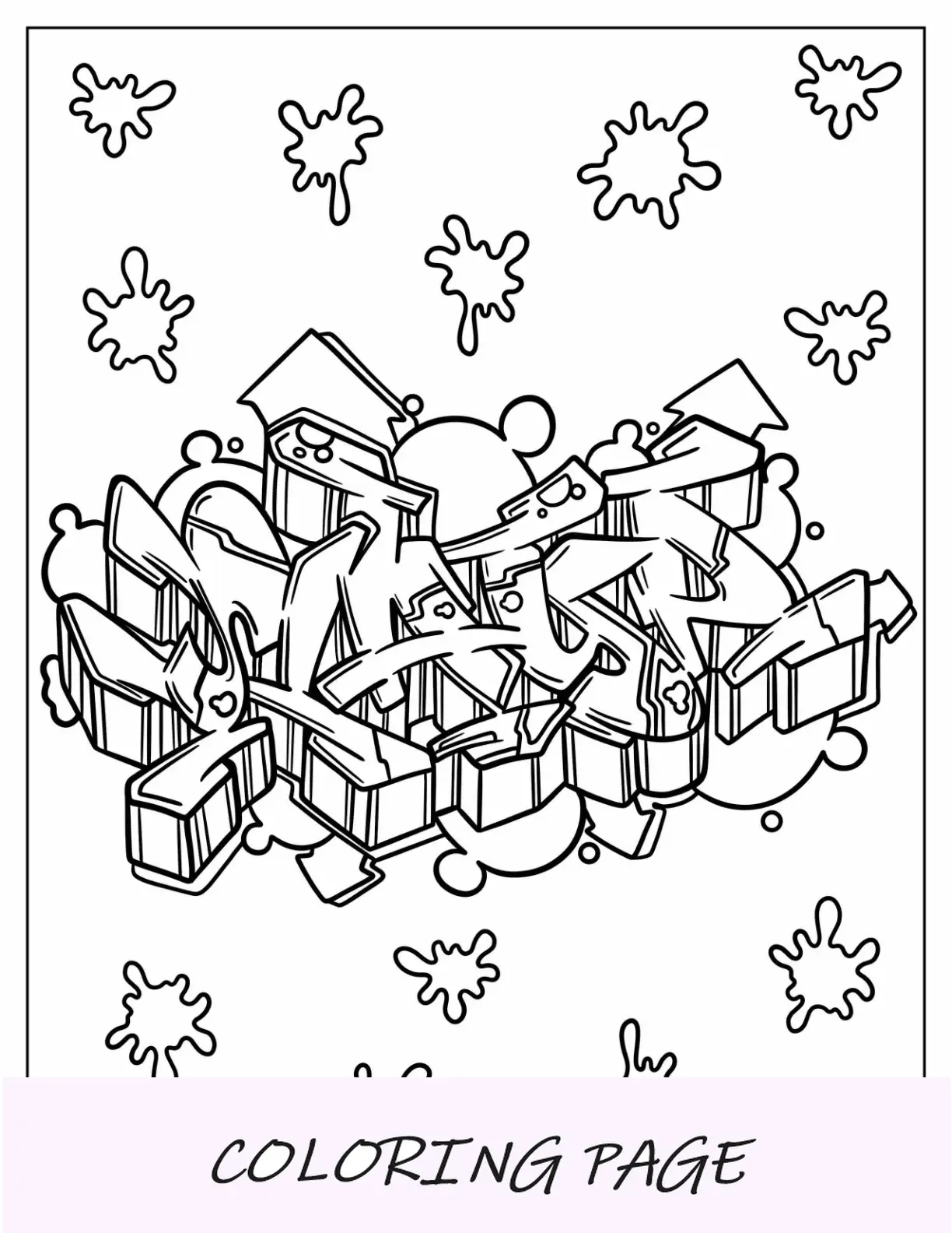 Página para colorir 3D Wildstyle Graffiti com respingos de tinta