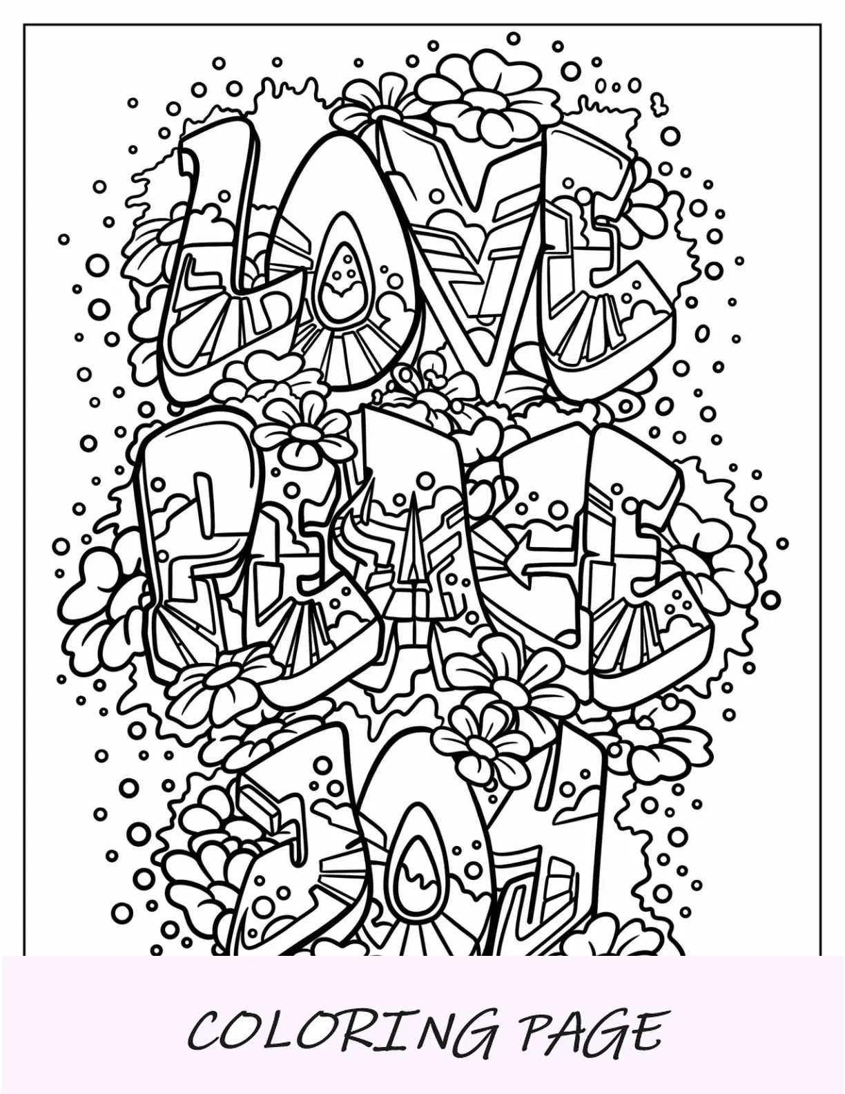 Página para colorir Graffiti Love Peace Joy Blockbuster com respingos de tinta