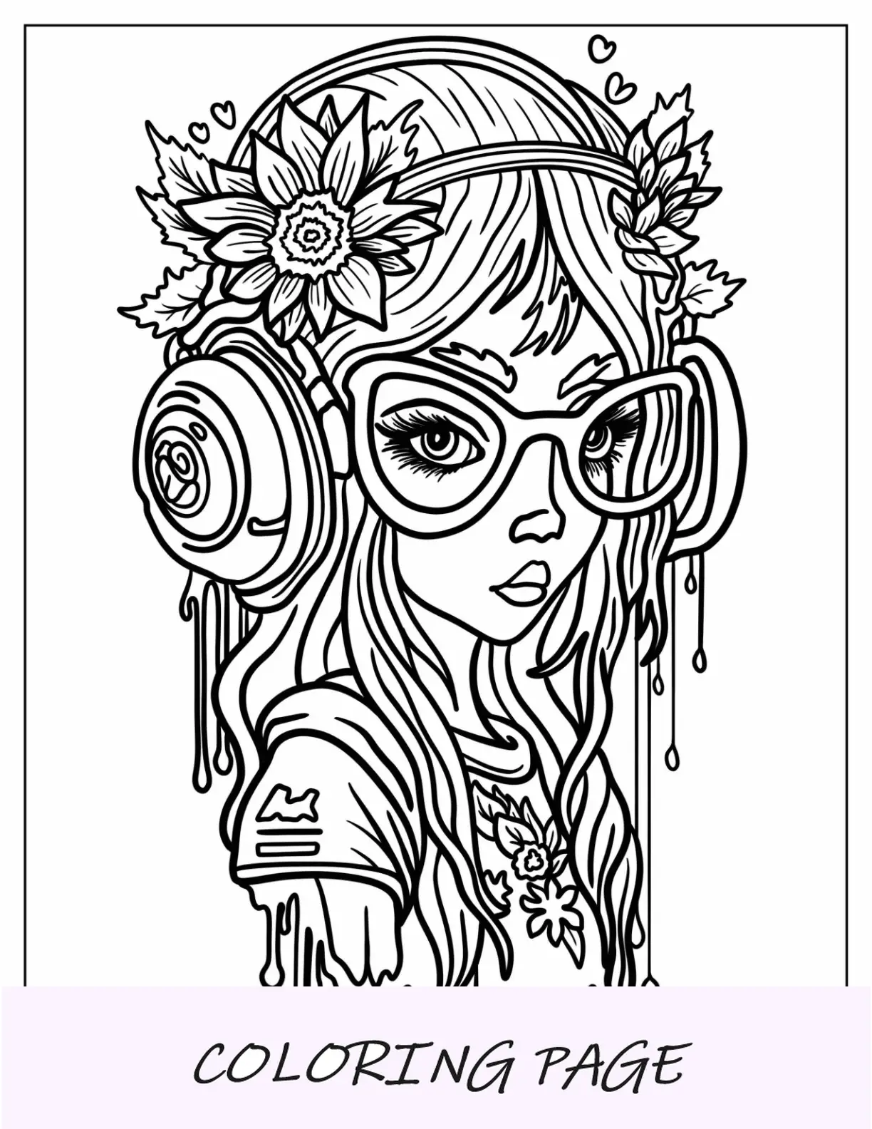 Página para colorir de graffiti com mural de garota hippie de óculos e fones de ouvido