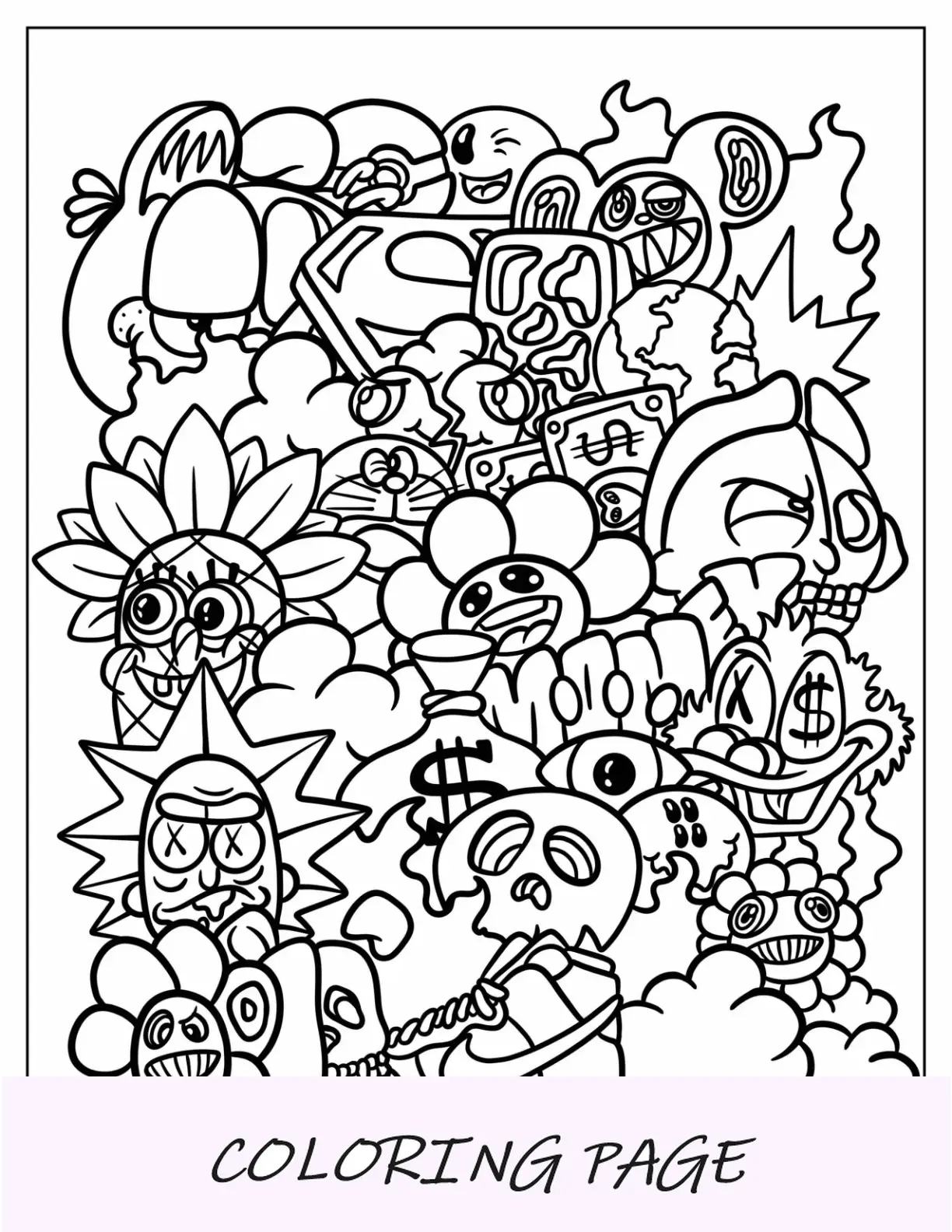 Página para colorir de graffiti com mural de plantas Kawaii Vs Zombies
