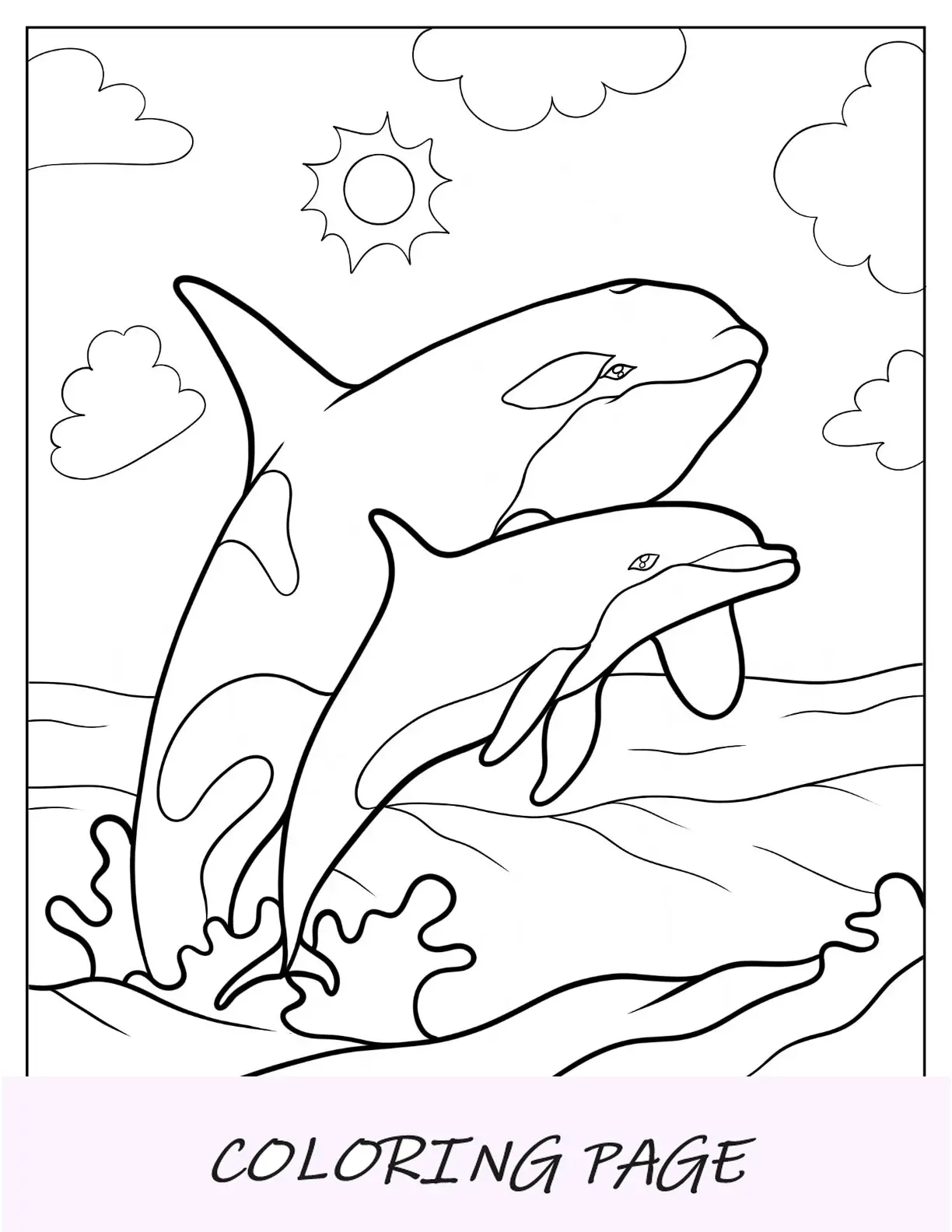 Página para colorir de orca com golfinho saltando do mar