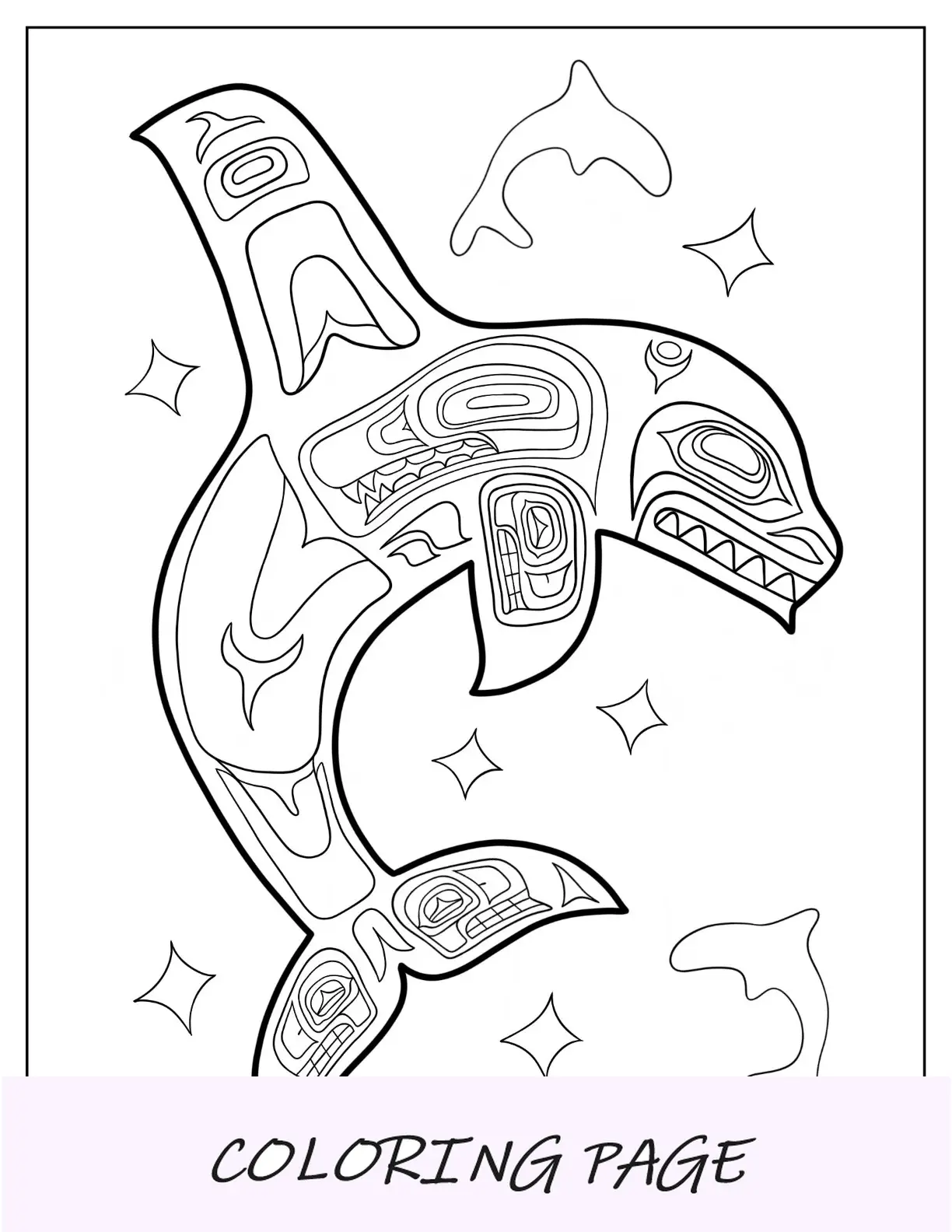 Design artístico de página para colorir de baleia assassina