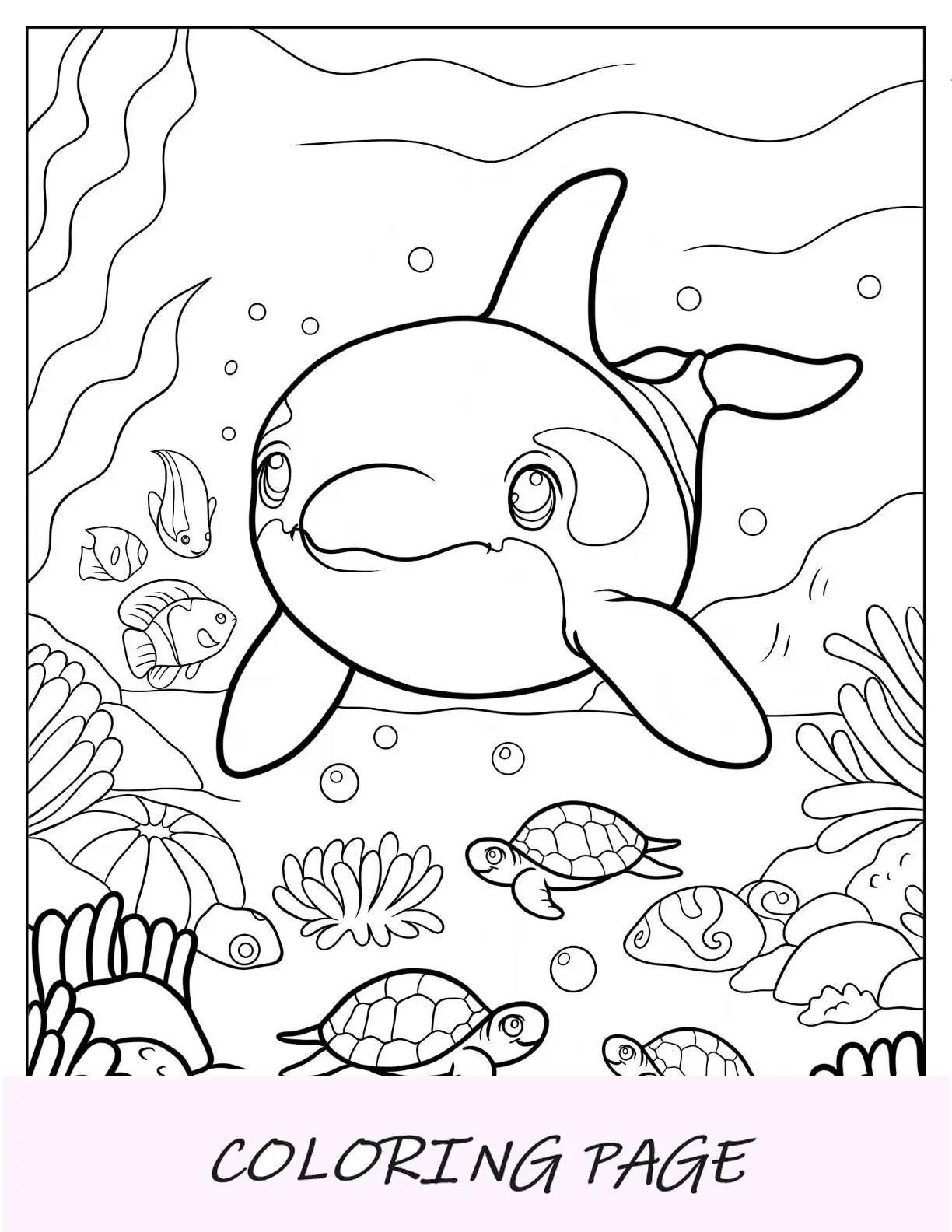 Desenho para colorir de orca nadando com tartaruga e peixe