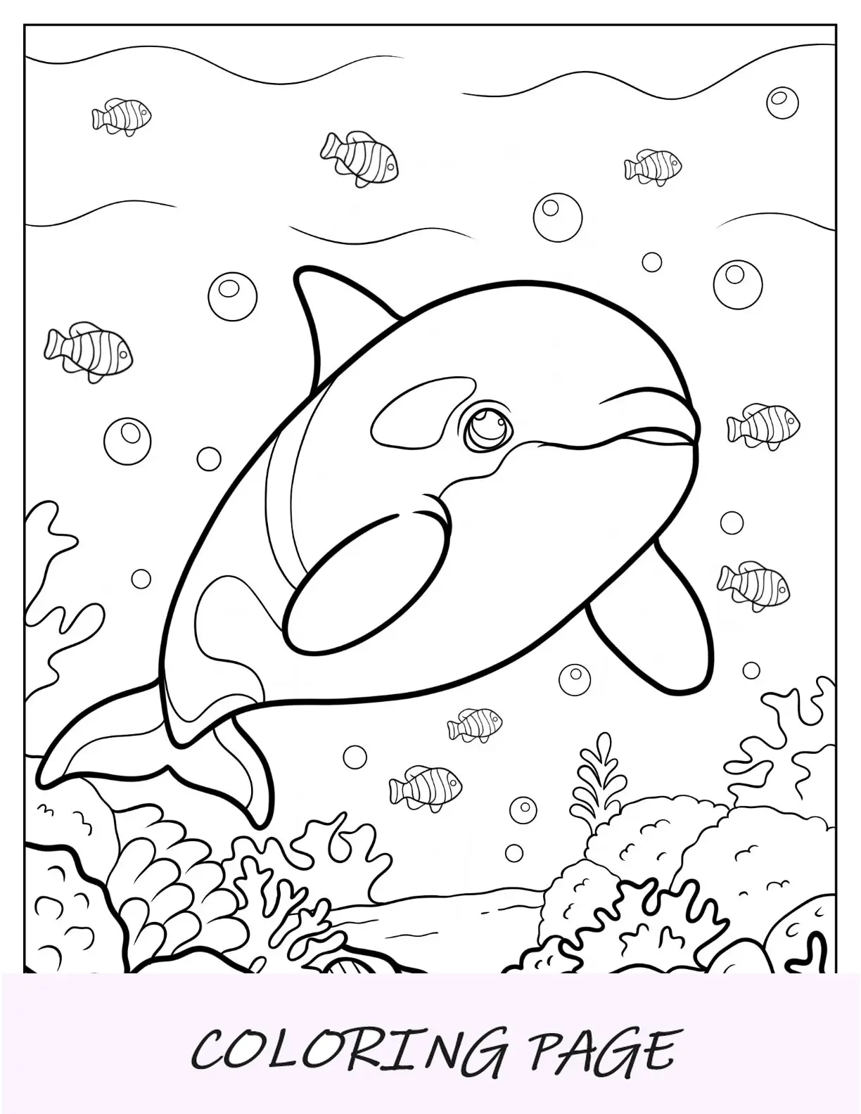 Página para colorir de bebê fofo orca subaquático para crianças