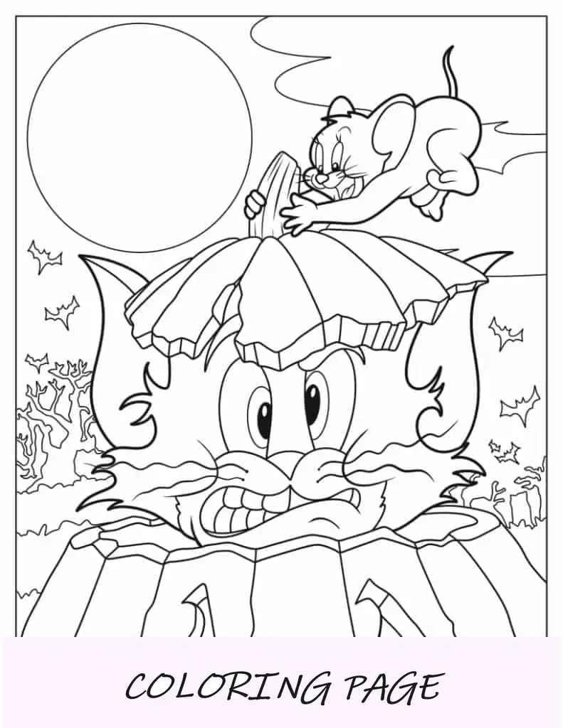Página para colorir de Jerry colocando Tom dentro do Jack-O-Lantern