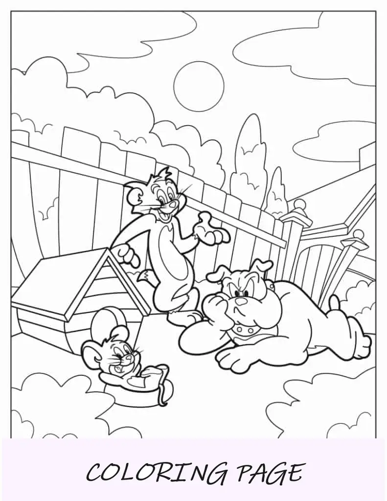 Página para colorir fácil de Tom, Jerry e Spike