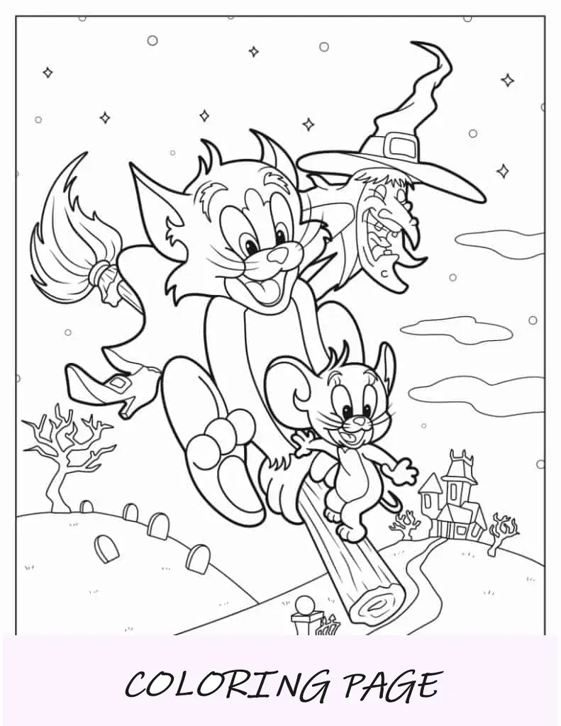 Folha para colorir de Halloween de Tom e Jerry com bruxa