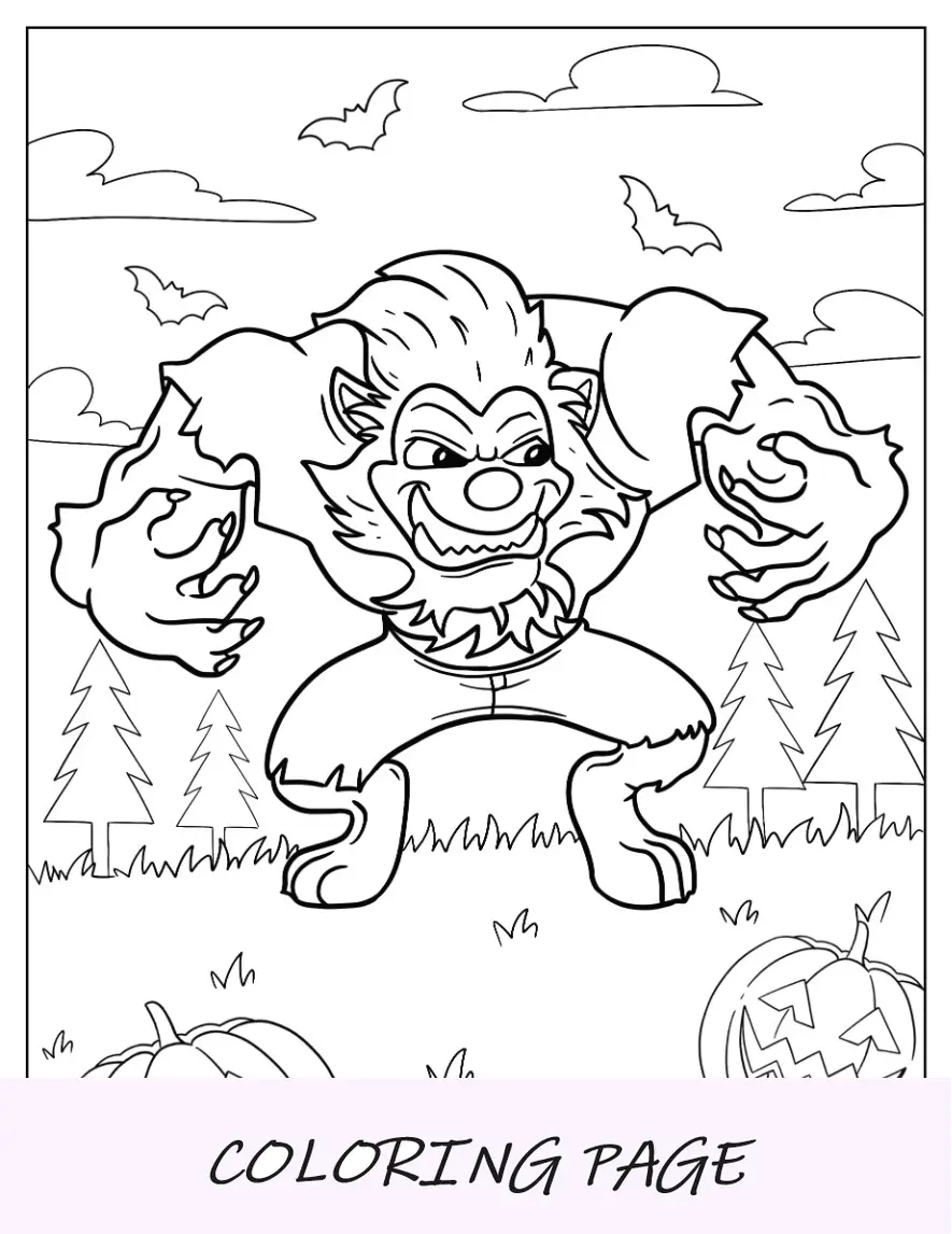 Enorme página para colorir de lobisomem de desenho animado na floresta