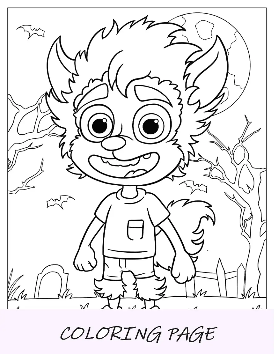 Desenho para colorir de lobisomem de desenho animado sorrindo no cemitério