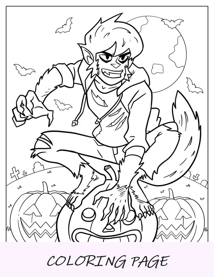 Página para colorir menino lobisomem em cima da lanterna Jack O no Halloween