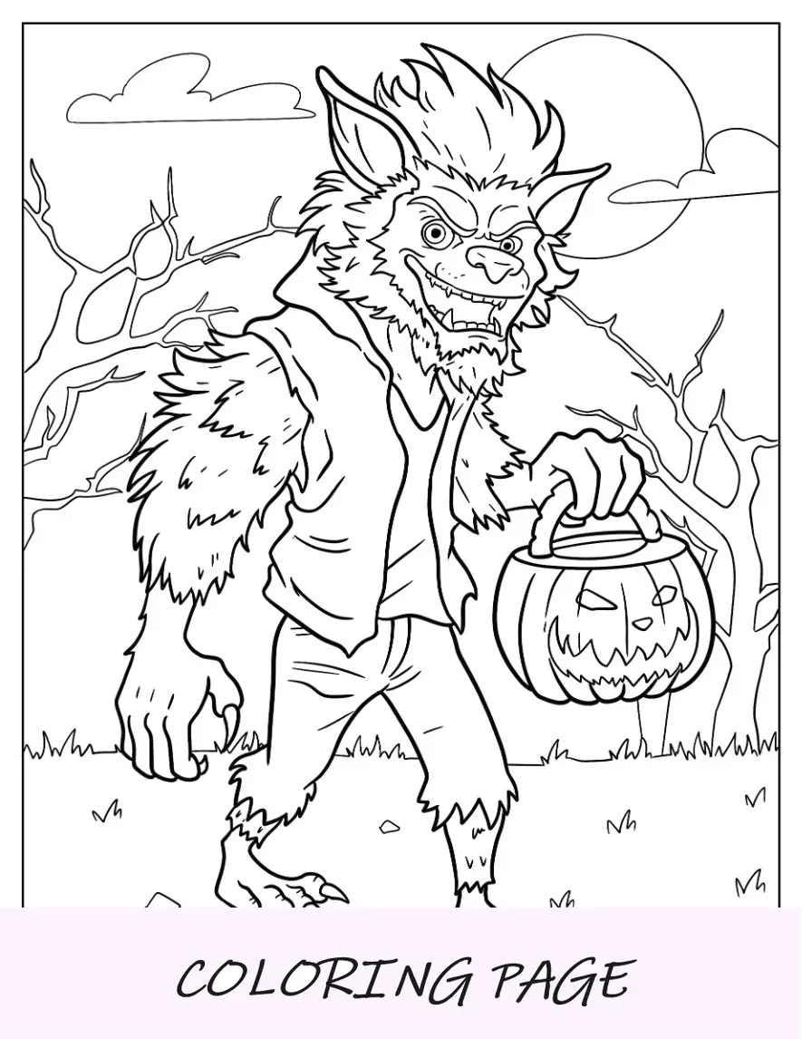 Página para colorir de lobisomem sorridente segurando uma cesta de lanterna Jack O no Halloween