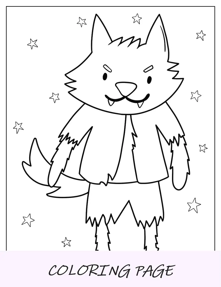 Página para colorir de lobisomem Kawaii com roupas rasgadas para crianças em idade pré-escolar