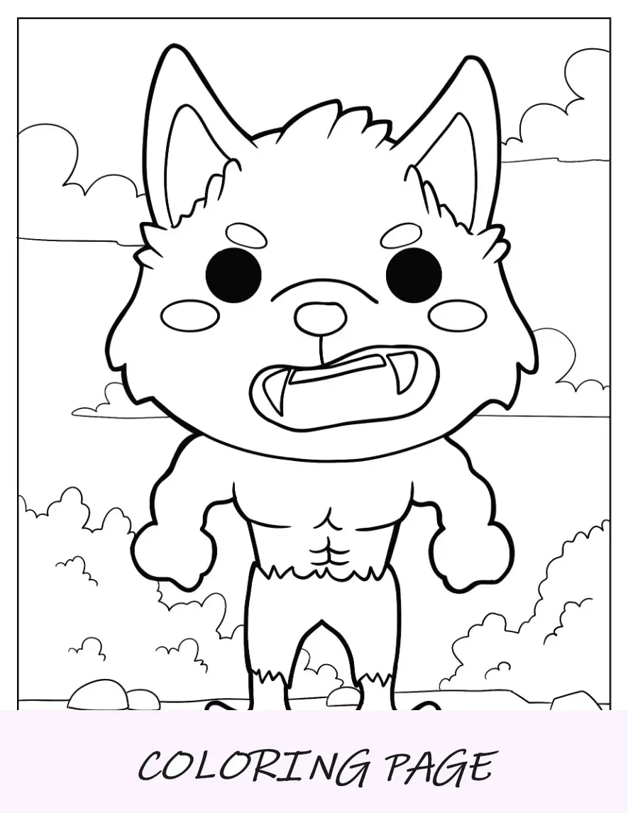 Página para colorir de lobisomem irritado Kawaii para crianças em idade pré-escolar