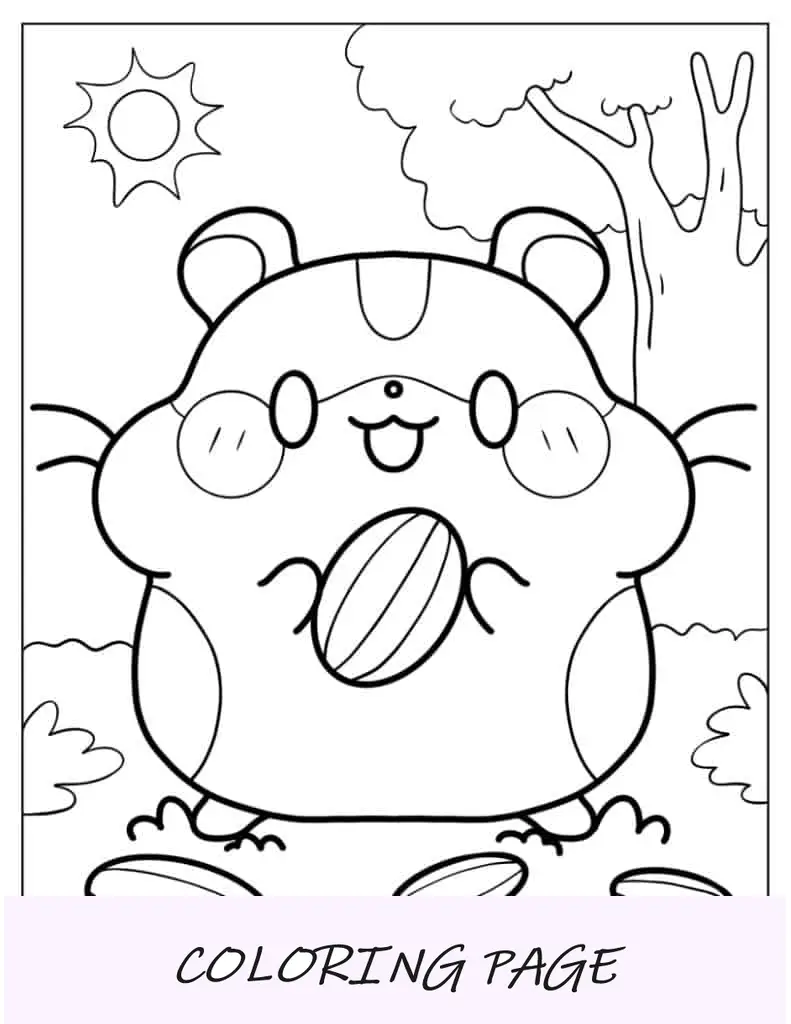 Página para colorear de Chibi Hamster sosteniendo una nuez