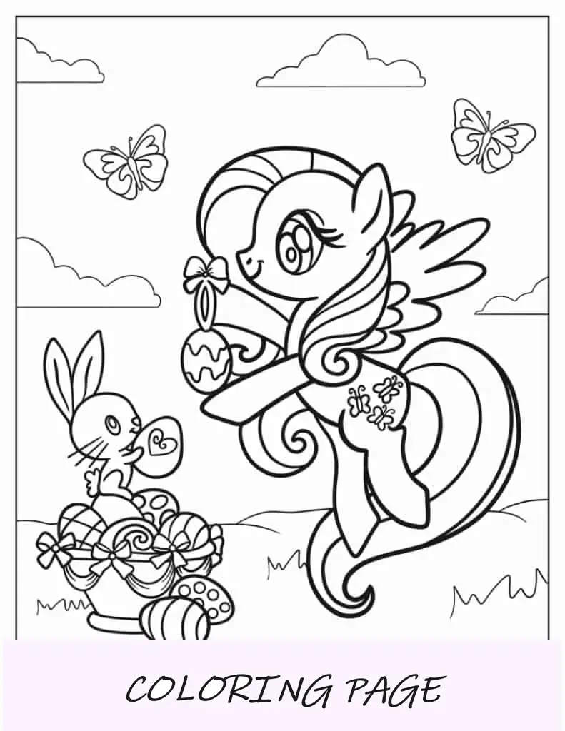 Folha para colorir de Fluttershy com ovos de Páscoa e coelhinho