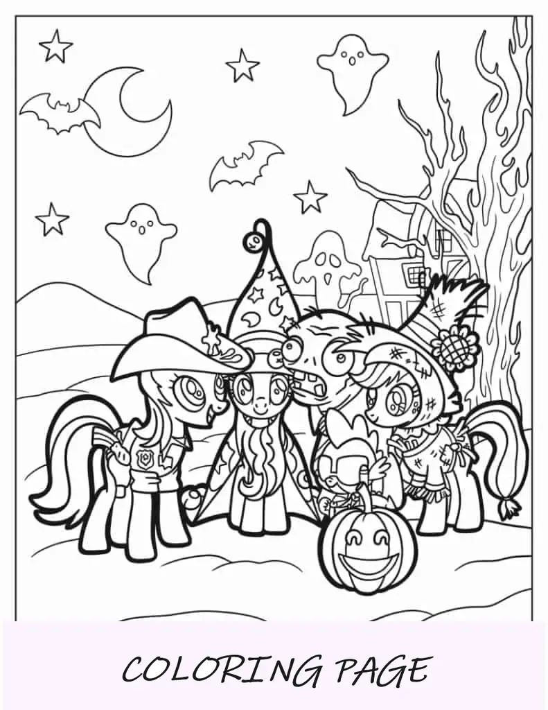 Folha para colorir de Halloween My Little Pony com fantasmas e lanternas de abóbora
