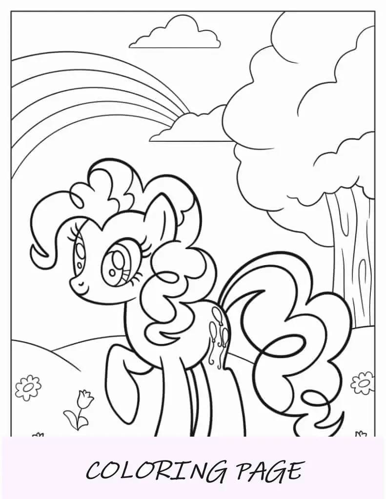 Pônei Pinkie Pie caminhando no campo de flores