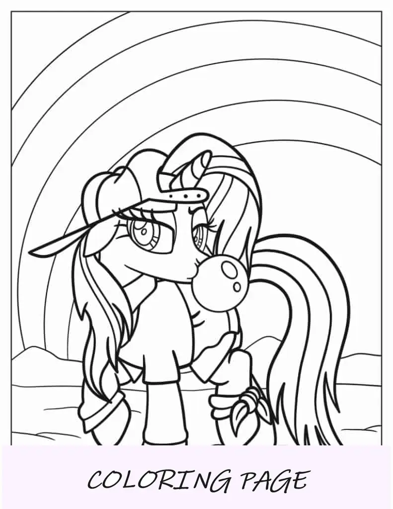 Página para colorir My Little Pony Rarity com arco-íris