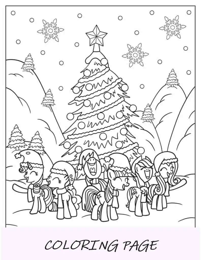 Página para colorir de My Little Pony na frente da árvore de Natal