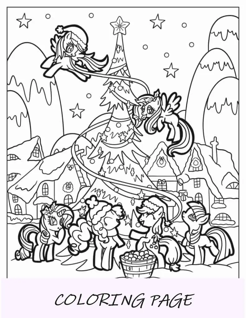 My Little Pony decorando árvore de Natal para colorir