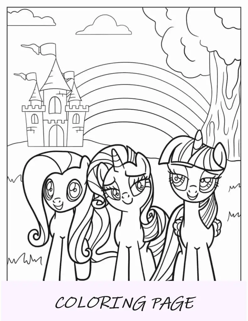 Fluttershy sorridente, Rarity e Twilight Sparkle em campo
